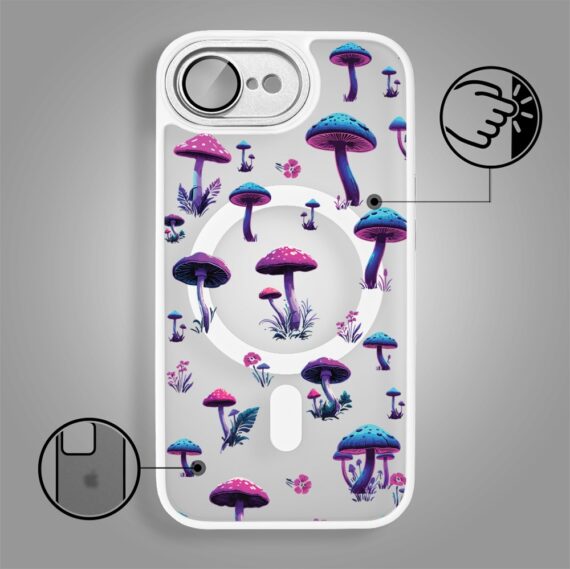Etui do iPhone 16e Color Flush z Magsafe, z osłoną aparatu, magiczne grzybki, białe (3)