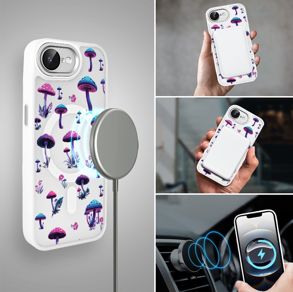 Etui do iPhone 16e Color Flush z Magsafe, z osłoną aparatu, magiczne grzybki, białe (4)