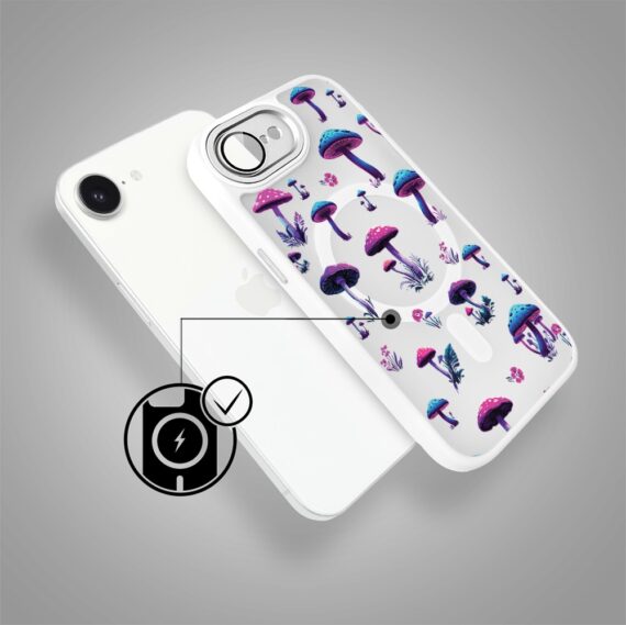 Etui do iPhone 16e Color Flush z Magsafe, z osłoną aparatu, magiczne grzybki, białe (5)