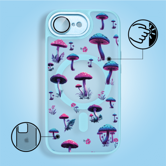 Etui do iPhone 16e Color Flush z Magsafe, z osłoną aparatu, magiczne grzybki, błękitne (2)