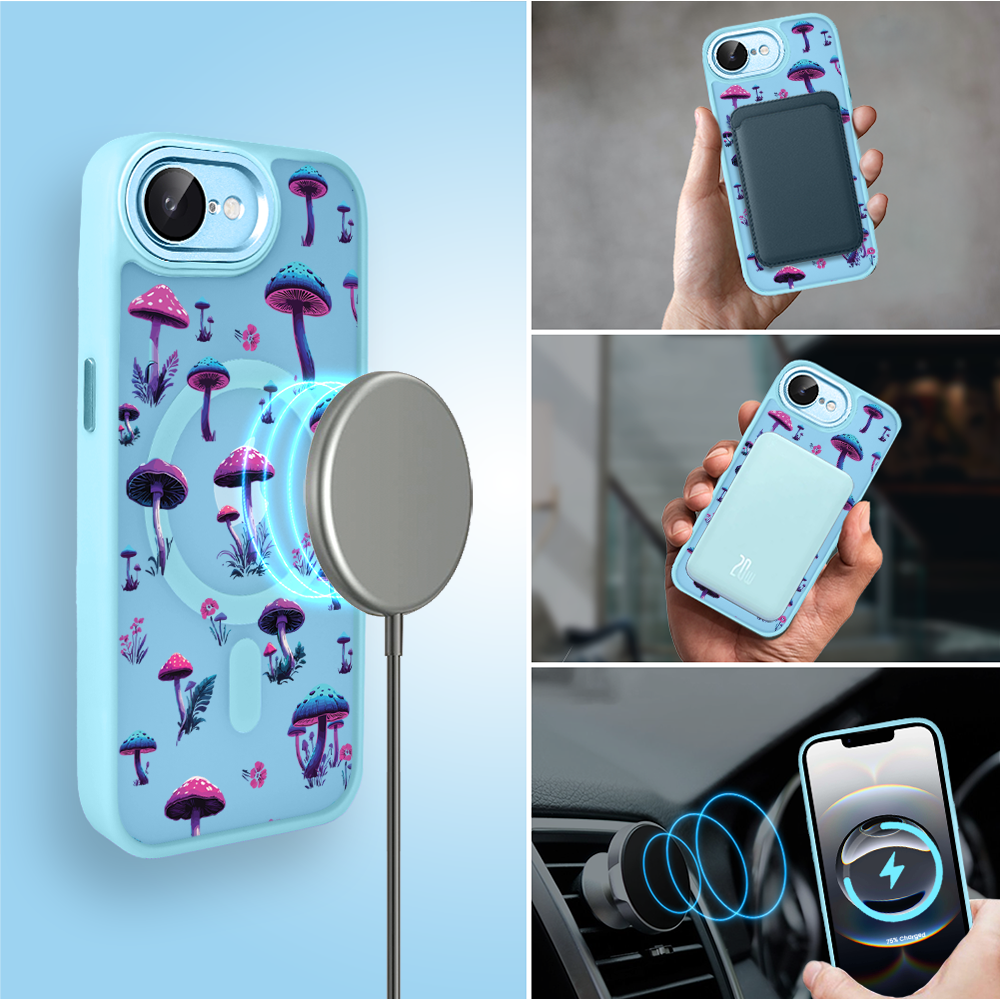 Etui do iPhone 16e Color Flush z Magsafe, z osłoną aparatu, magiczne grzybki, błękitne (3)