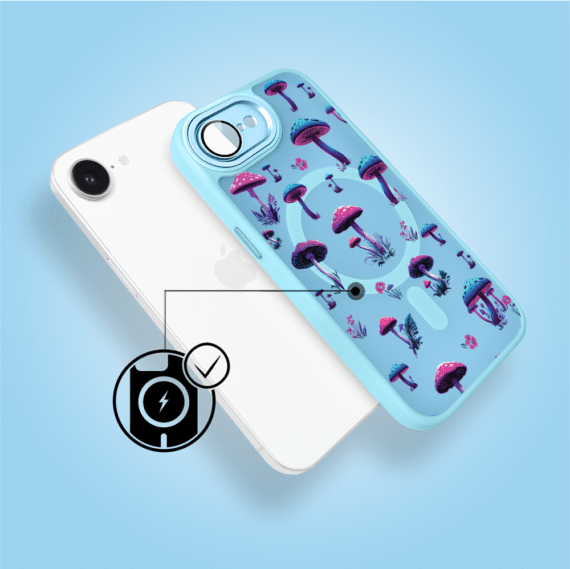 Etui do iPhone 16e Color Flush z Magsafe, z osłoną aparatu, magiczne grzybki, błękitne (4)