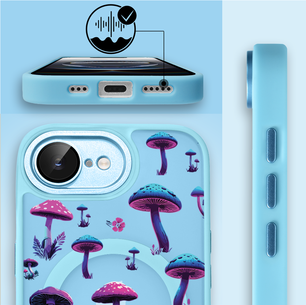 Etui do iPhone 16e Color Flush z Magsafe, z osłoną aparatu, magiczne grzybki, błękitne (6)