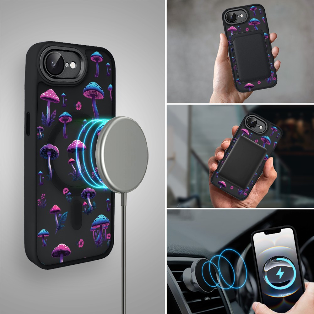 Etui do iPhone 16e Color Flush z Magsafe, z osłoną aparatu, magiczne grzybki, czarne (6)