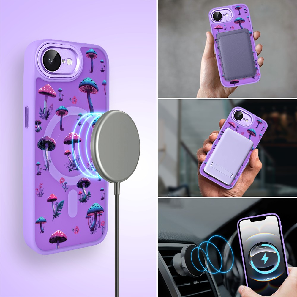Etui do iPhone 16e Color Flush z Magsafe, z osłoną aparatu, magiczne grzybki, fioletowe (6)