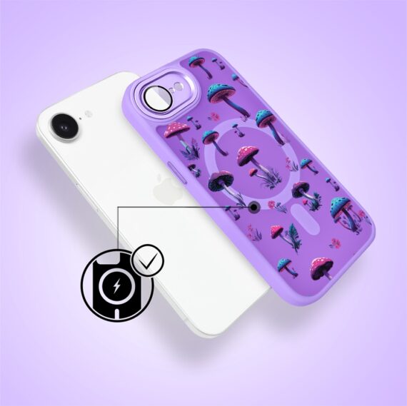 Etui do iPhone 16e Color Flush z Magsafe, z osłoną aparatu, magiczne grzybki, fioletowe (7)