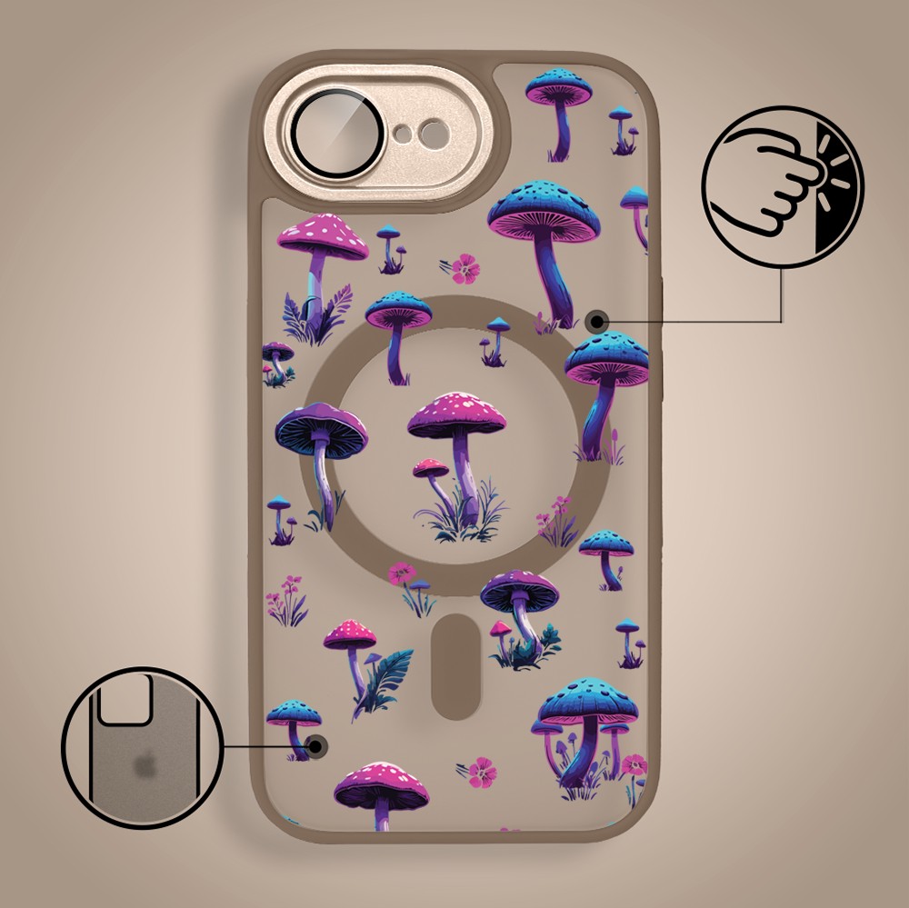 Etui do iPhone 16e Color Flush z Magsafe, z osłoną aparatu, magiczne grzybki, pustynny brąz (1)
