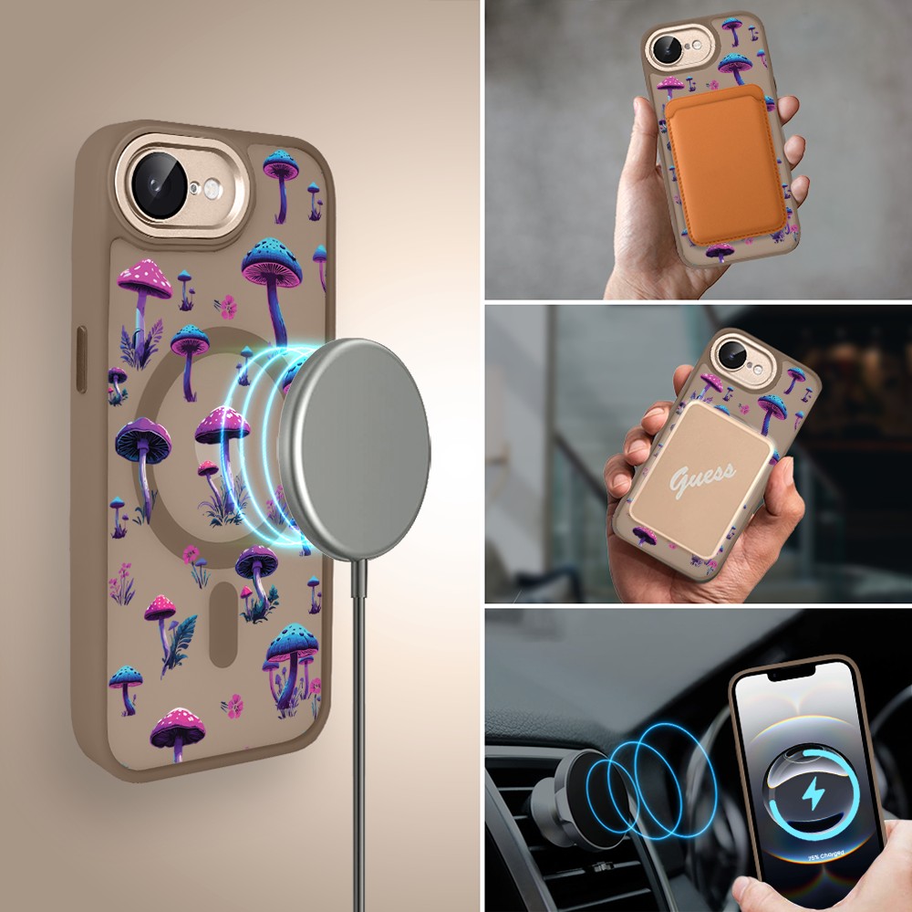 Etui do iPhone 16e Color Flush z Magsafe, z osłoną aparatu, magiczne grzybki, pustynny brąz (2)
