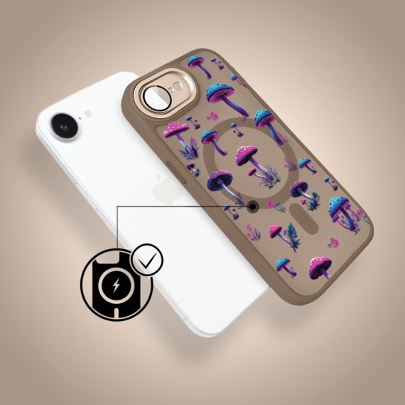Etui do iPhone 16e Color Flush z Magsafe, z osłoną aparatu, magiczne grzybki, pustynny brąz (5)
