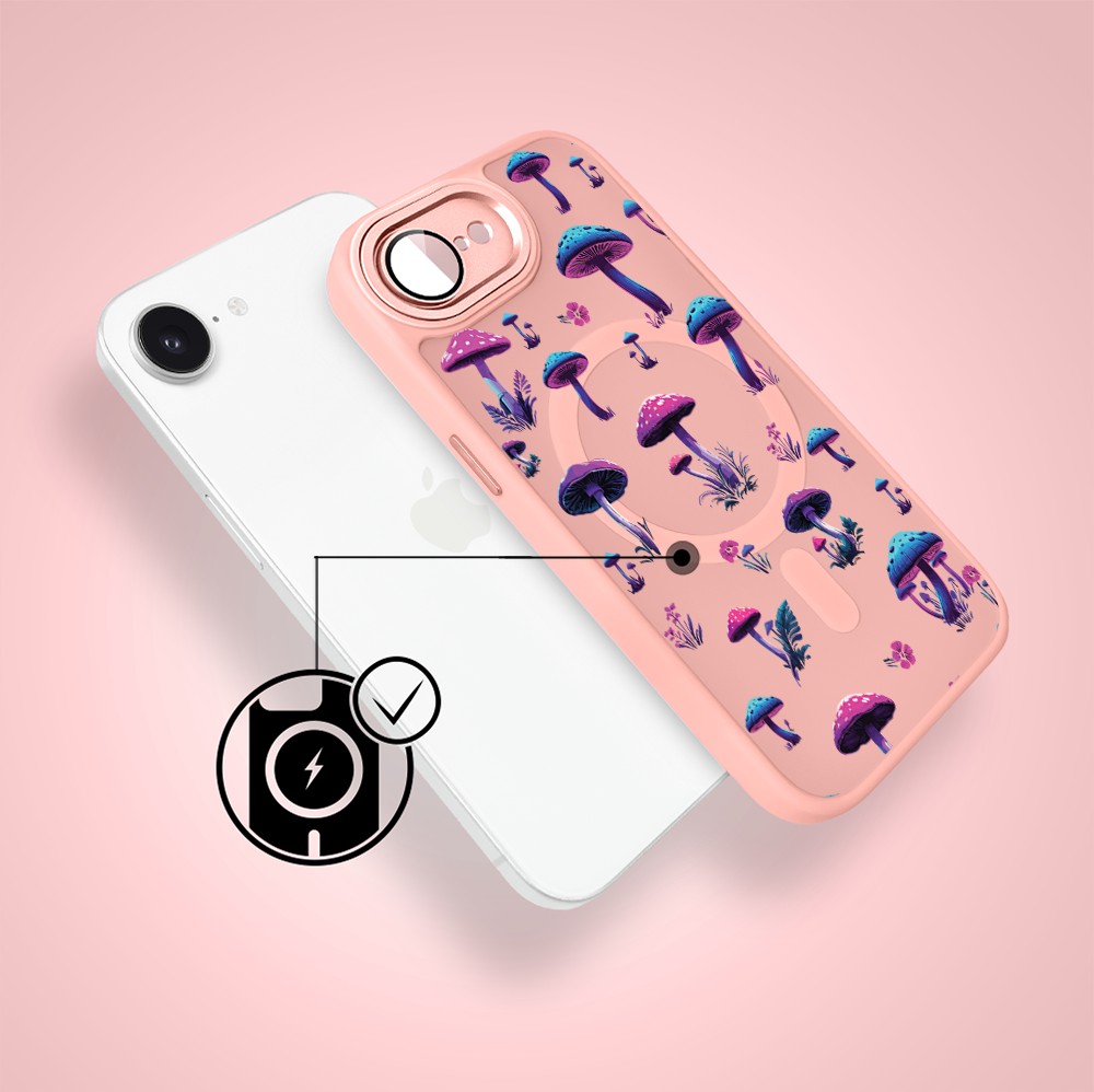 Etui do iPhone 16e Color Flush z Magsafe, z osłoną aparatu, magiczne grzybki, różowe (1)