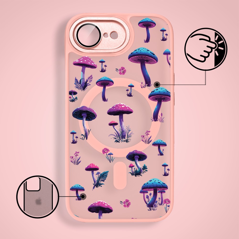Etui do iPhone 16e Color Flush z Magsafe, z osłoną aparatu, magiczne grzybki, różowe (7)