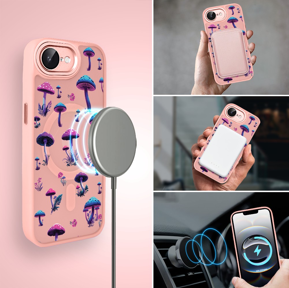 Etui do iPhone 16e Color Flush z Magsafe, z osłoną aparatu, magiczne grzybki, różowe (8)