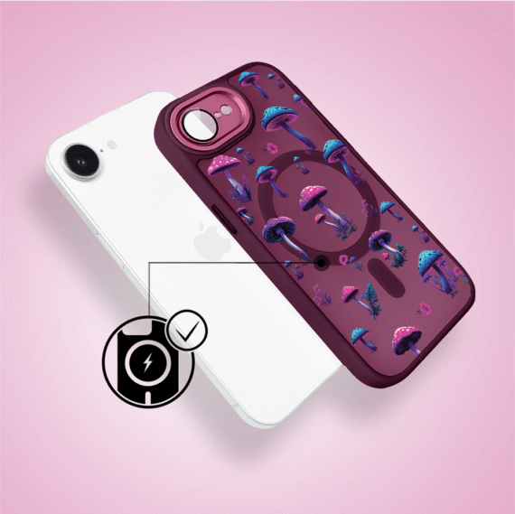 Etui do iPhone 16e Color Flush z Magsafe, z osłoną aparatu, magiczne grzybki, wiśniowe (1)