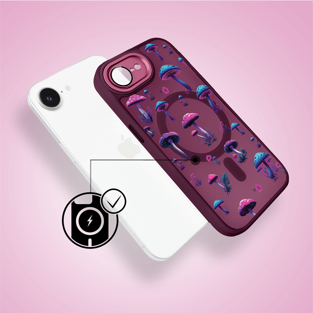 Etui do iPhone 16e Color Flush z Magsafe, z osłoną aparatu, magiczne grzybki, wiśniowe (1)