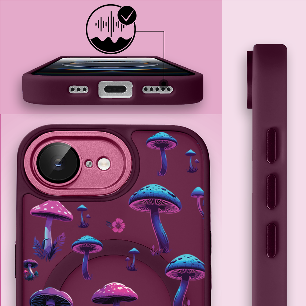 Etui do iPhone 16e Color Flush z Magsafe, z osłoną aparatu, magiczne grzybki, wiśniowe (5)