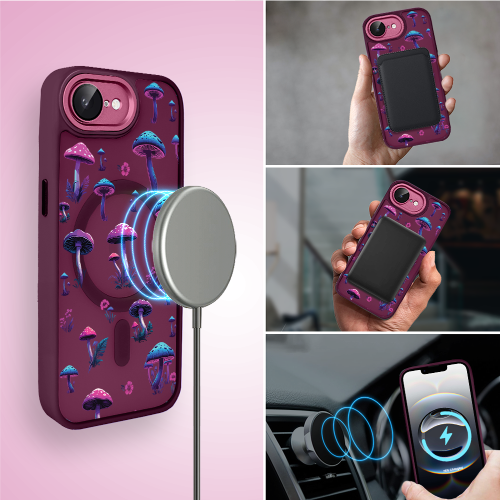 Etui do iPhone 16e Color Flush z Magsafe, z osłoną aparatu, magiczne grzybki, wiśniowe (8)