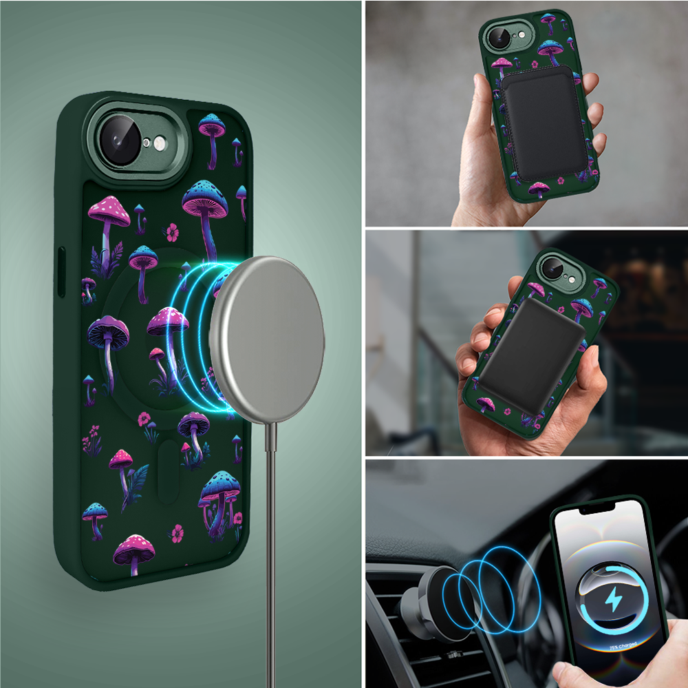 Etui do iPhone 16e Color Flush z Magsafe, z osłoną aparatu, magiczne grzybki, zielone (8)