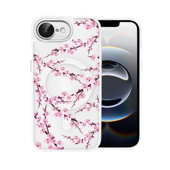 Etui do iPhone 16e Color Flush z Magsafe, z osłoną aparatu, sakura kwiat wiśni, białe (5)