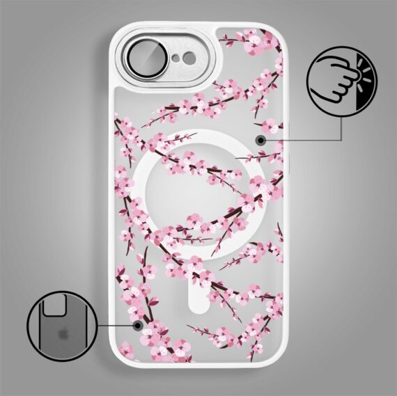 Etui do iPhone 16e Color Flush z Magsafe, z osłoną aparatu, sakura kwiat wiśni, białe (6)