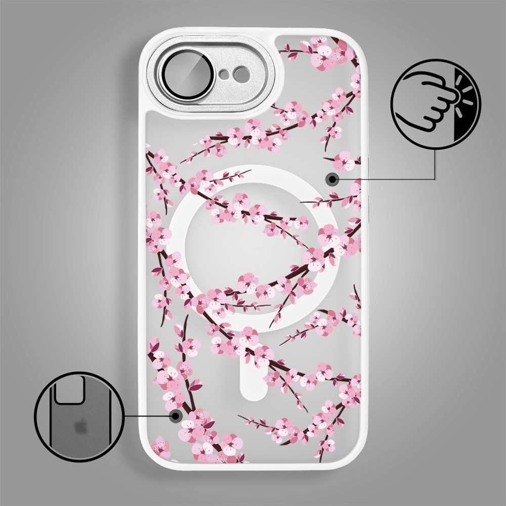Etui do iPhone 16e Color Flush z Magsafe, z osłoną aparatu, sakura kwiat wiśni, białe (6)