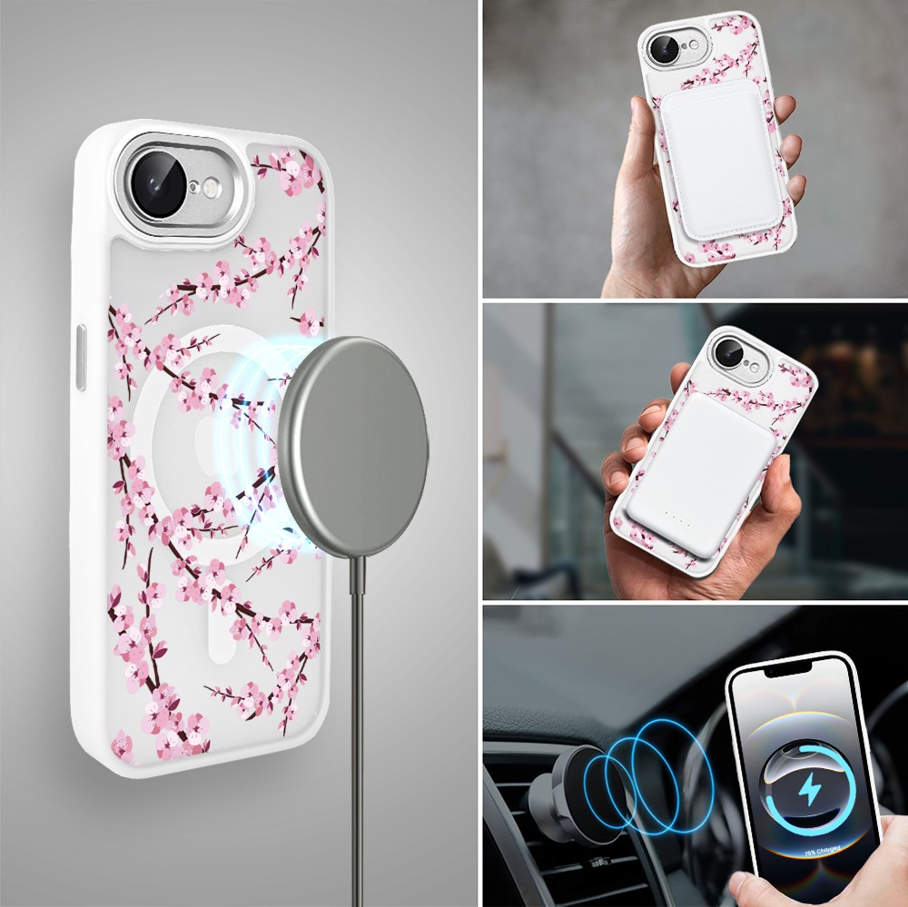 Etui do iPhone 16e Color Flush z Magsafe, z osłoną aparatu, sakura kwiat wiśni, białe (7)