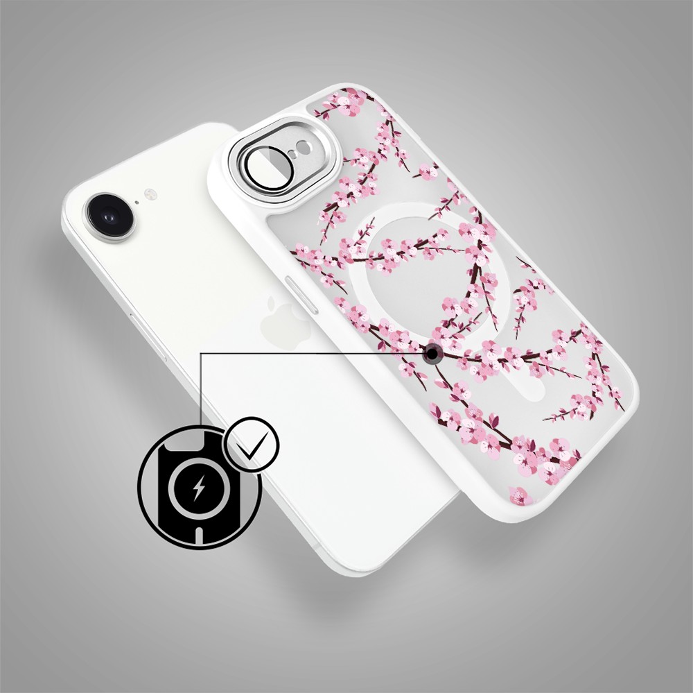 Etui do iPhone 16e Color Flush z Magsafe, z osłoną aparatu, sakura kwiat wiśni, białe (8)