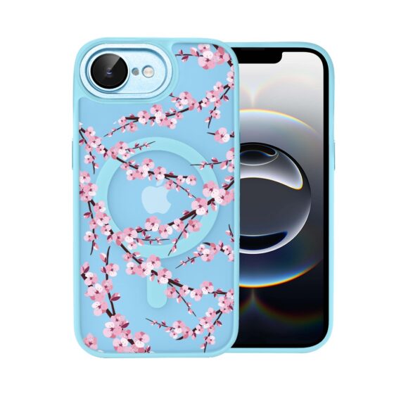 Etui do iPhone 16e Color Flush z Magsafe, z osłoną aparatu, sakura kwiat wiśni, błękitne (2)