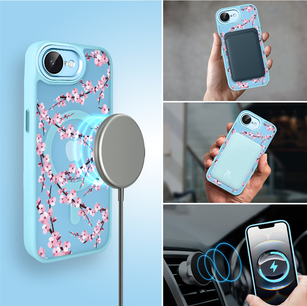 Etui do iPhone 16e Color Flush z Magsafe, z osłoną aparatu, sakura kwiat wiśni, błękitne (4)