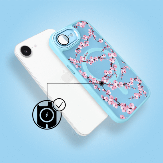 Etui do iPhone 16e Color Flush z Magsafe, z osłoną aparatu, sakura kwiat wiśni, błękitne (5)