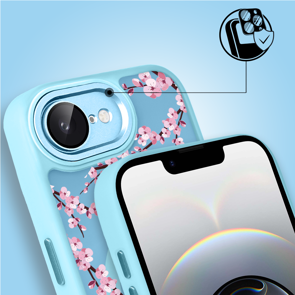 Etui do iPhone 16e Color Flush z Magsafe, z osłoną aparatu, sakura kwiat wiśni, błękitne (6)