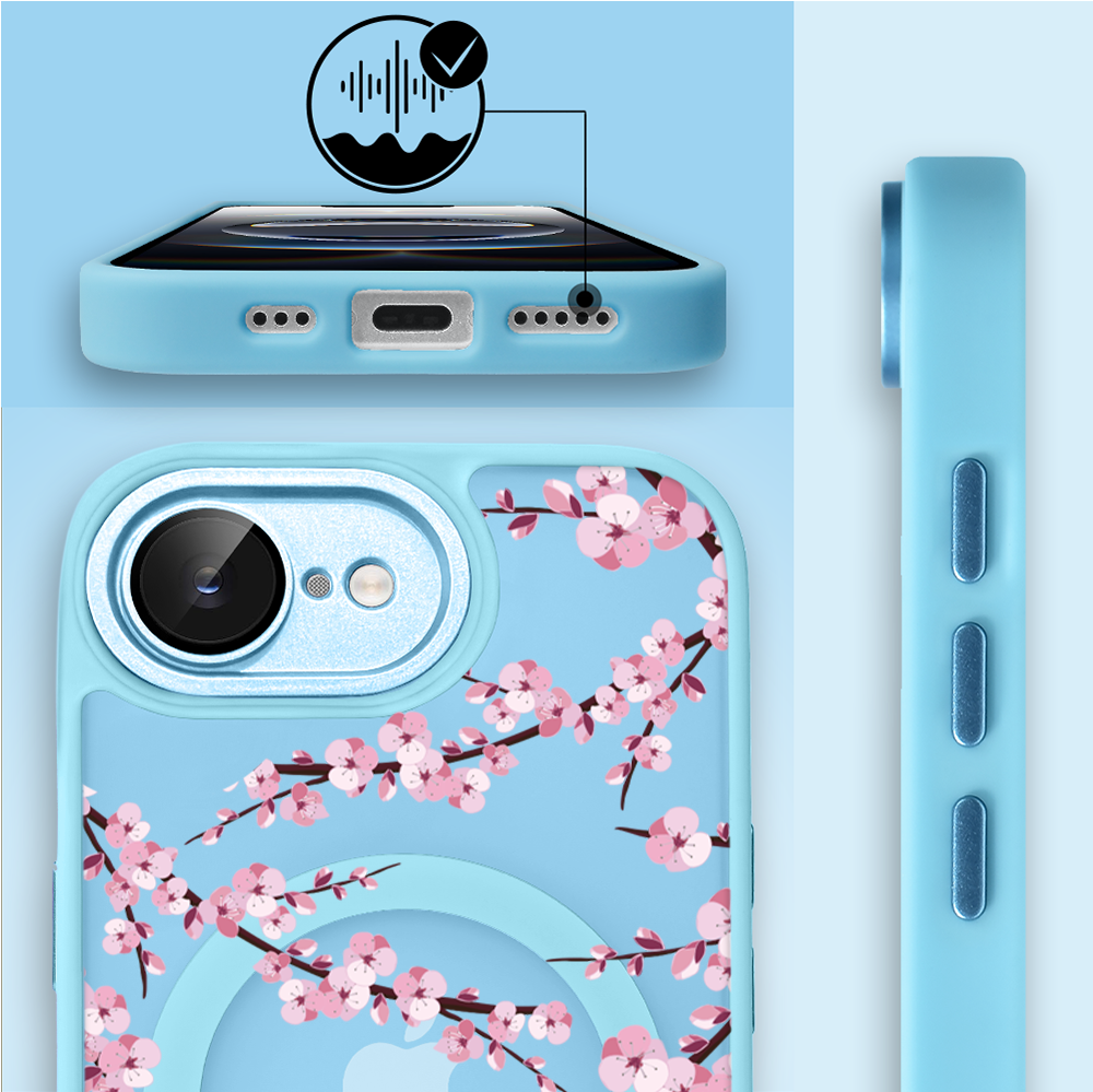 Etui do iPhone 16e Color Flush z Magsafe, z osłoną aparatu, sakura kwiat wiśni, błękitne (7)