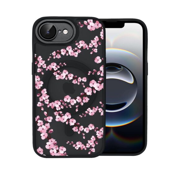 Etui do iPhone 16e Color Flush z Magsafe, z osłoną aparatu, sakura kwiat wiśni, czarne (2)