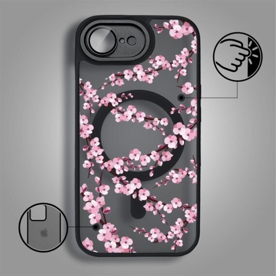 Etui do iPhone 16e Color Flush z Magsafe, z osłoną aparatu, sakura kwiat wiśni, czarne (3)