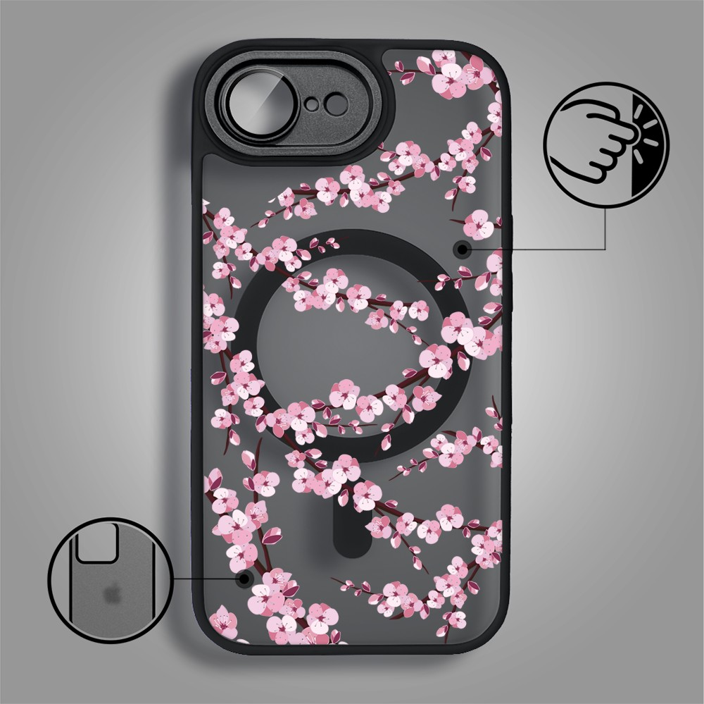 Etui do iPhone 16e Color Flush z Magsafe, z osłoną aparatu, sakura kwiat wiśni, czarne (3)