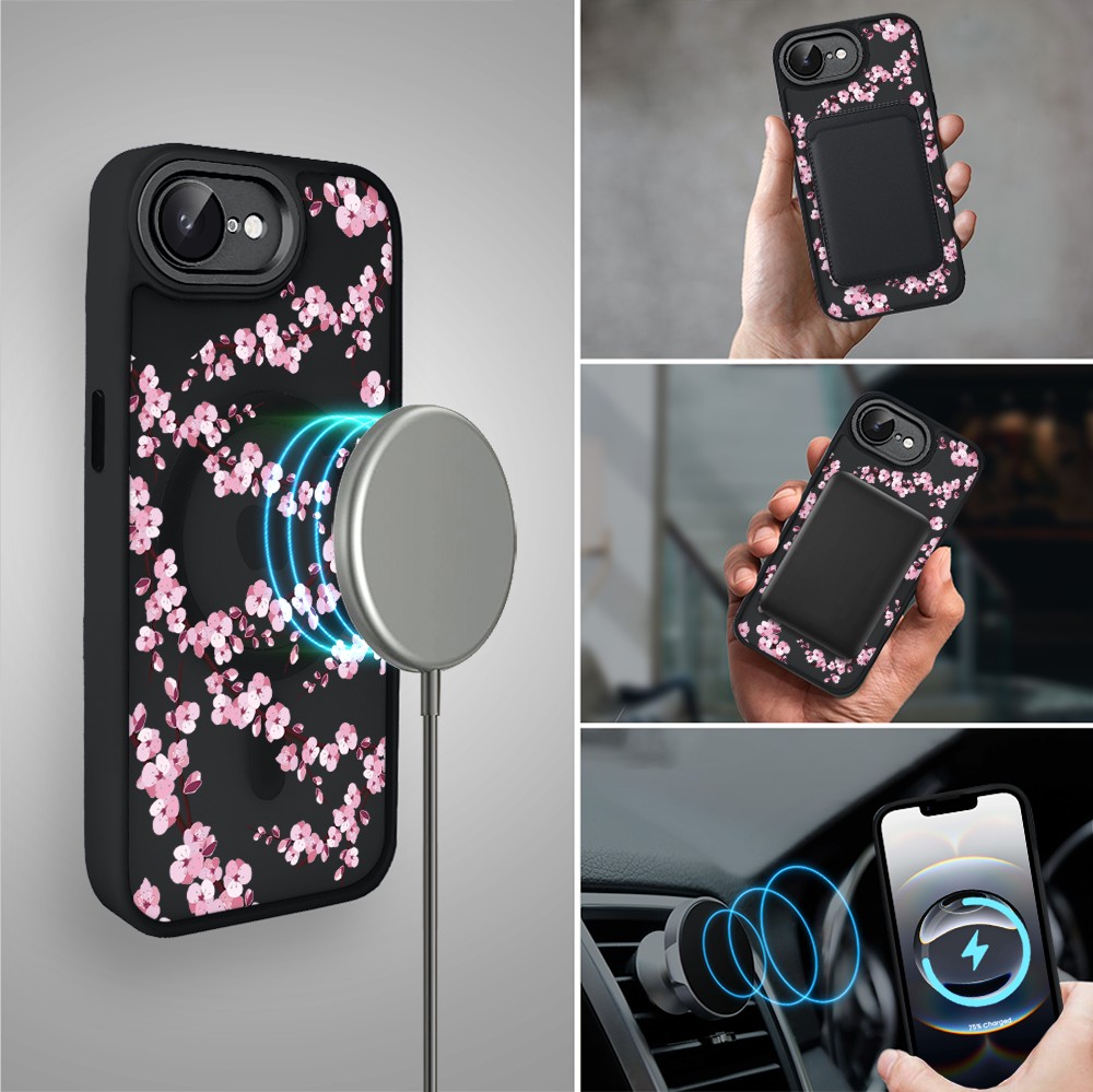 Etui do iPhone 16e Color Flush z Magsafe, z osłoną aparatu, sakura kwiat wiśni, czarne (4)