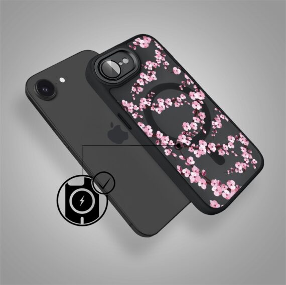 Etui do iPhone 16e Color Flush z Magsafe, z osłoną aparatu, sakura kwiat wiśni, czarne (5)