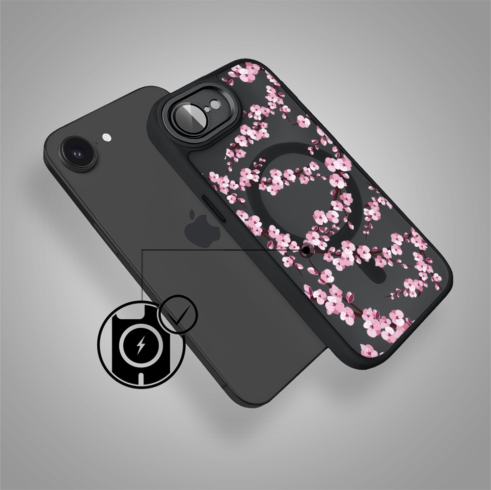 Etui do iPhone 16e Color Flush z Magsafe, z osłoną aparatu, sakura kwiat wiśni, czarne (5)