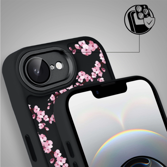 Etui do iPhone 16e Color Flush z Magsafe, z osłoną aparatu, sakura kwiat wiśni, czarne (6)