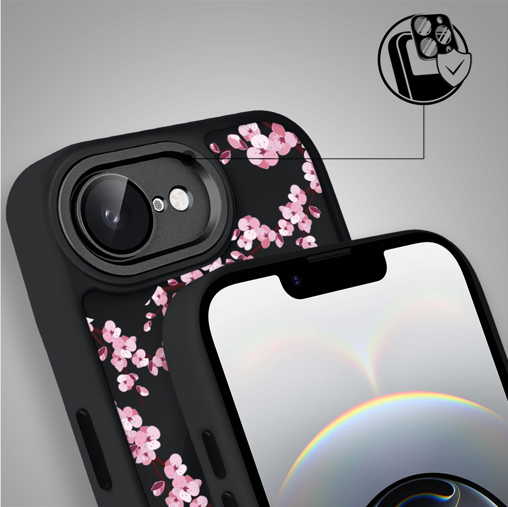 Etui do iPhone 16e Color Flush z Magsafe, z osłoną aparatu, sakura kwiat wiśni, czarne (6)