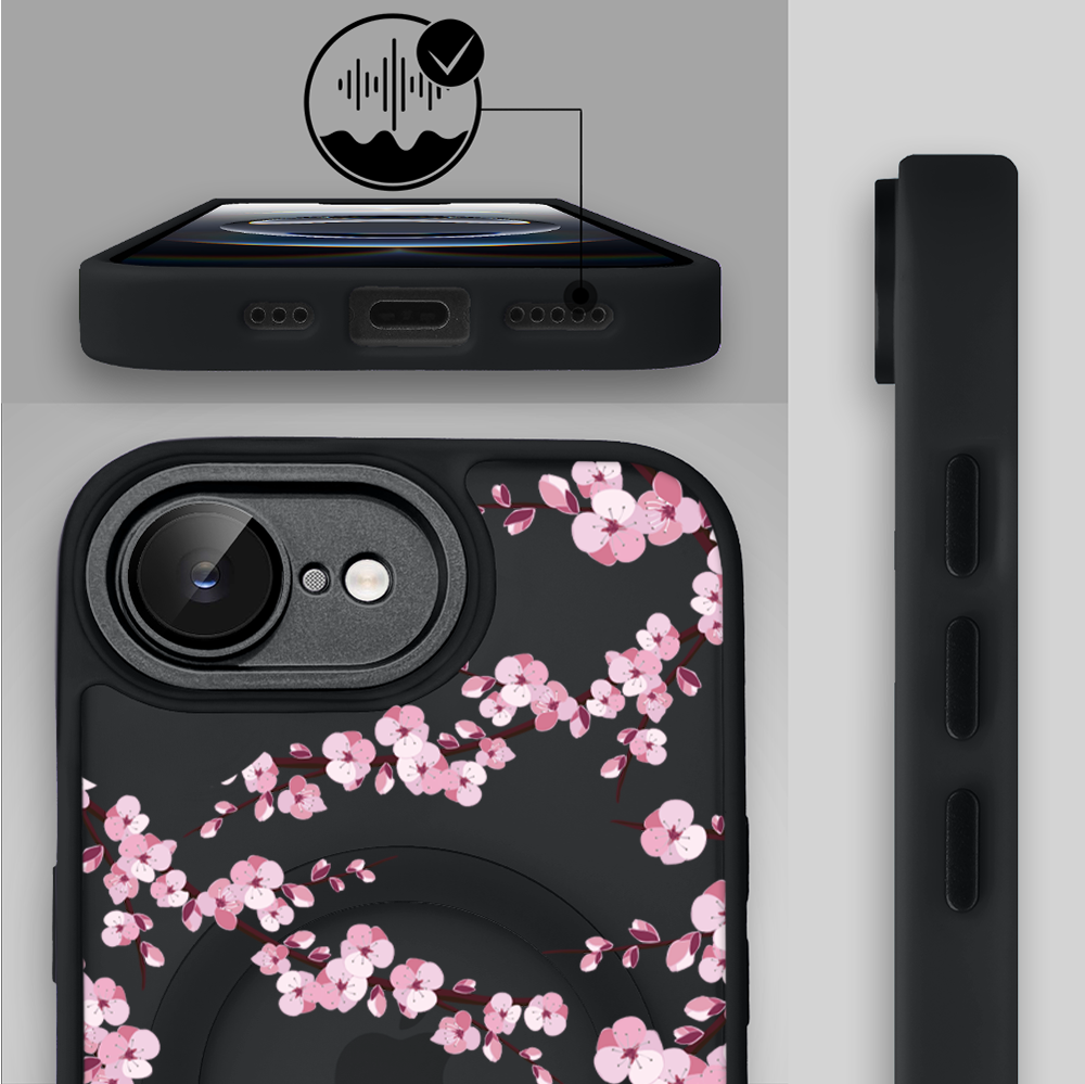 Etui do iPhone 16e Color Flush z Magsafe, z osłoną aparatu, sakura kwiat wiśni, czarne (7)