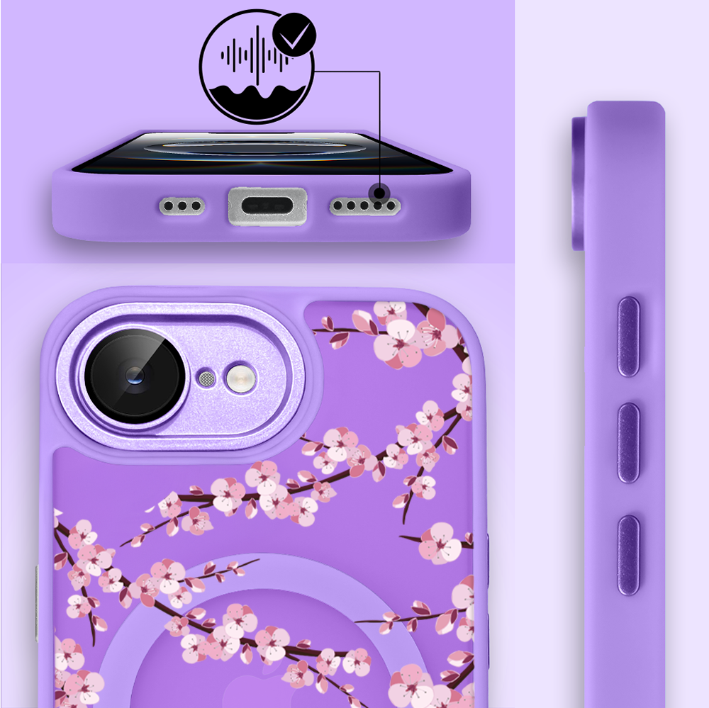 Etui do iPhone 16e Color Flush z Magsafe, z osłoną aparatu, sakura kwiat wiśni, fioletowe (1)