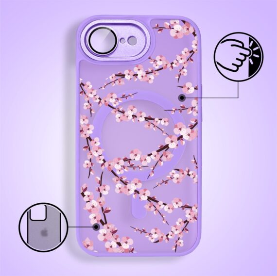 Etui do iPhone 16e Color Flush z Magsafe, z osłoną aparatu, sakura kwiat wiśni, fioletowe (5)