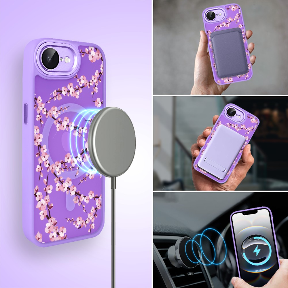Etui do iPhone 16e Color Flush z Magsafe, z osłoną aparatu, sakura kwiat wiśni, fioletowe (6)