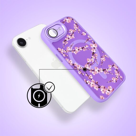 Etui do iPhone 16e Color Flush z Magsafe, z osłoną aparatu, sakura kwiat wiśni, fioletowe (7)