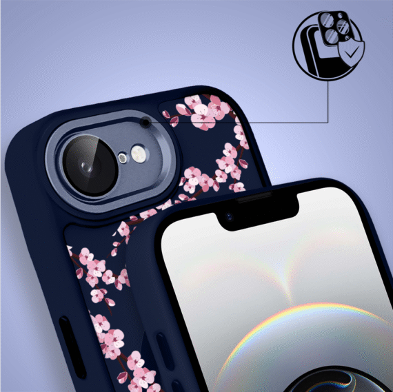 Etui do iPhone 16e Color Flush z Magsafe, z osłoną aparatu, sakura kwiat wiśni, granatowe (1)