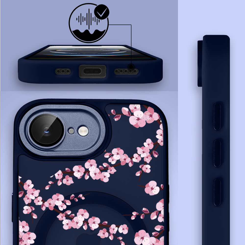 Etui do iPhone 16e Color Flush z Magsafe, z osłoną aparatu, sakura kwiat wiśni, granatowe (2)