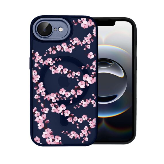 Etui do iPhone 16e Color Flush z Magsafe, z osłoną aparatu, sakura kwiat wiśni, granatowe (5)