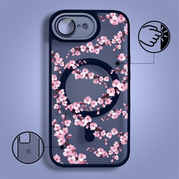 Etui do iPhone 16e Color Flush z Magsafe, z osłoną aparatu, sakura kwiat wiśni, granatowe (6)