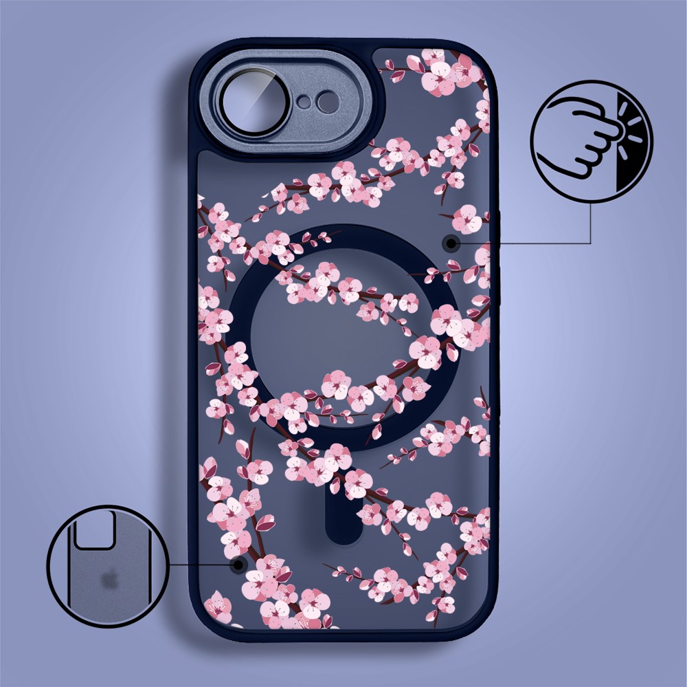 Etui do iPhone 16e Color Flush z Magsafe, z osłoną aparatu, sakura kwiat wiśni, granatowe (6)