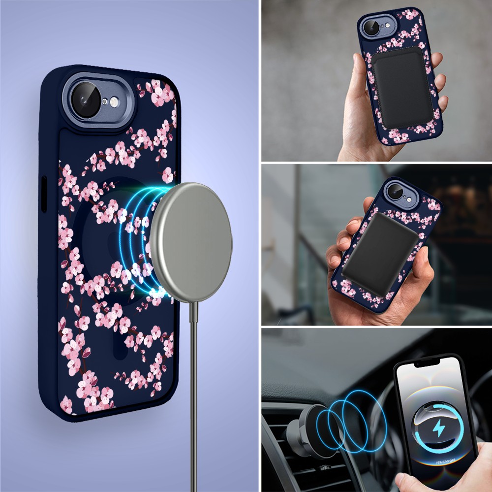 Etui do iPhone 16e Color Flush z Magsafe, z osłoną aparatu, sakura kwiat wiśni, granatowe (7)